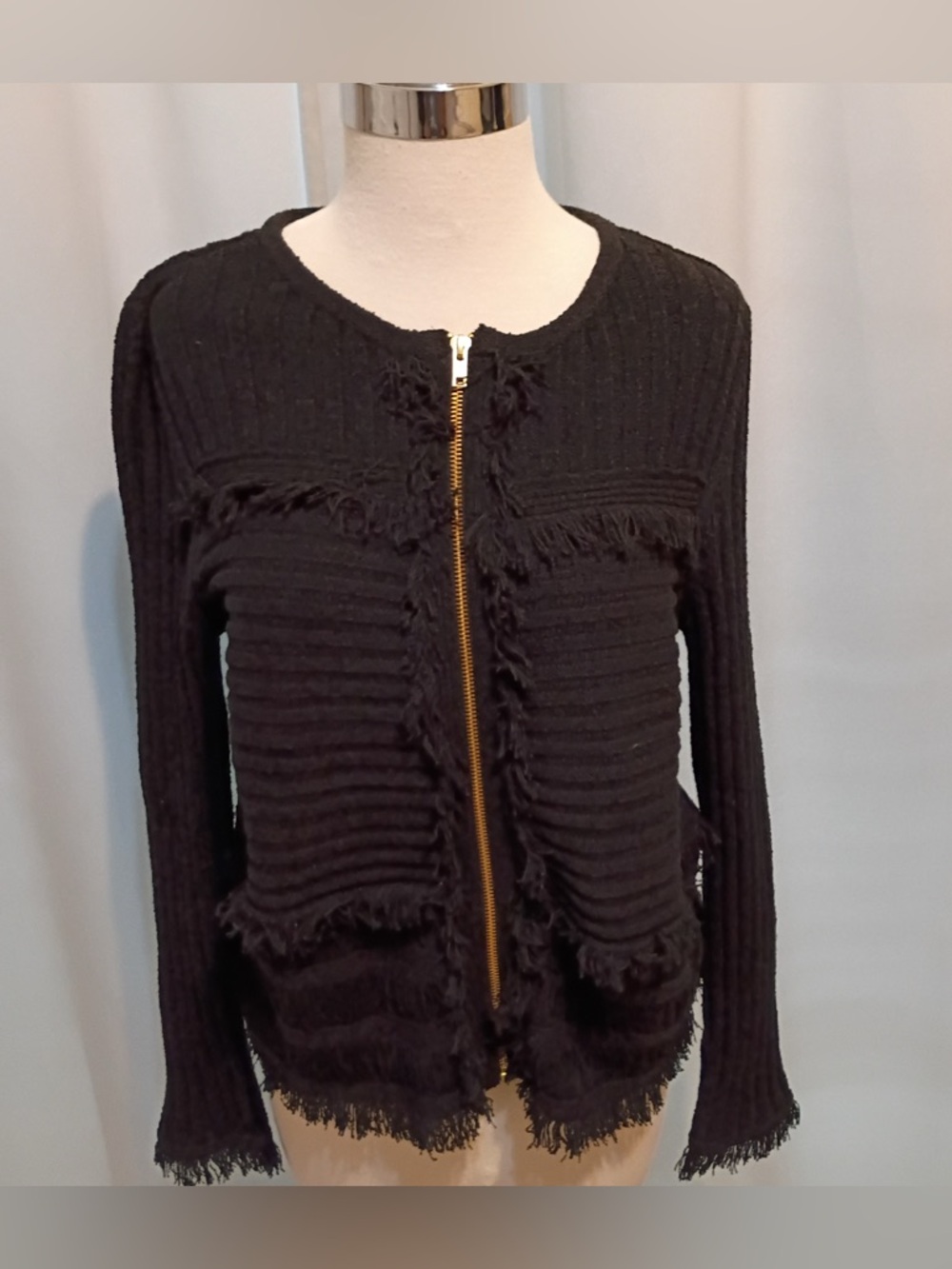 Chico's Black Fringe Zip-Front Cardigan